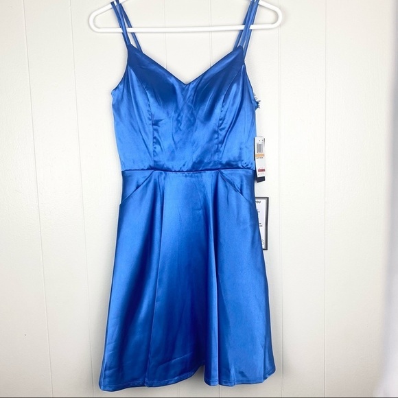 Party Social | Blue Satin Dress with Lace Back - Picture 1 of 5